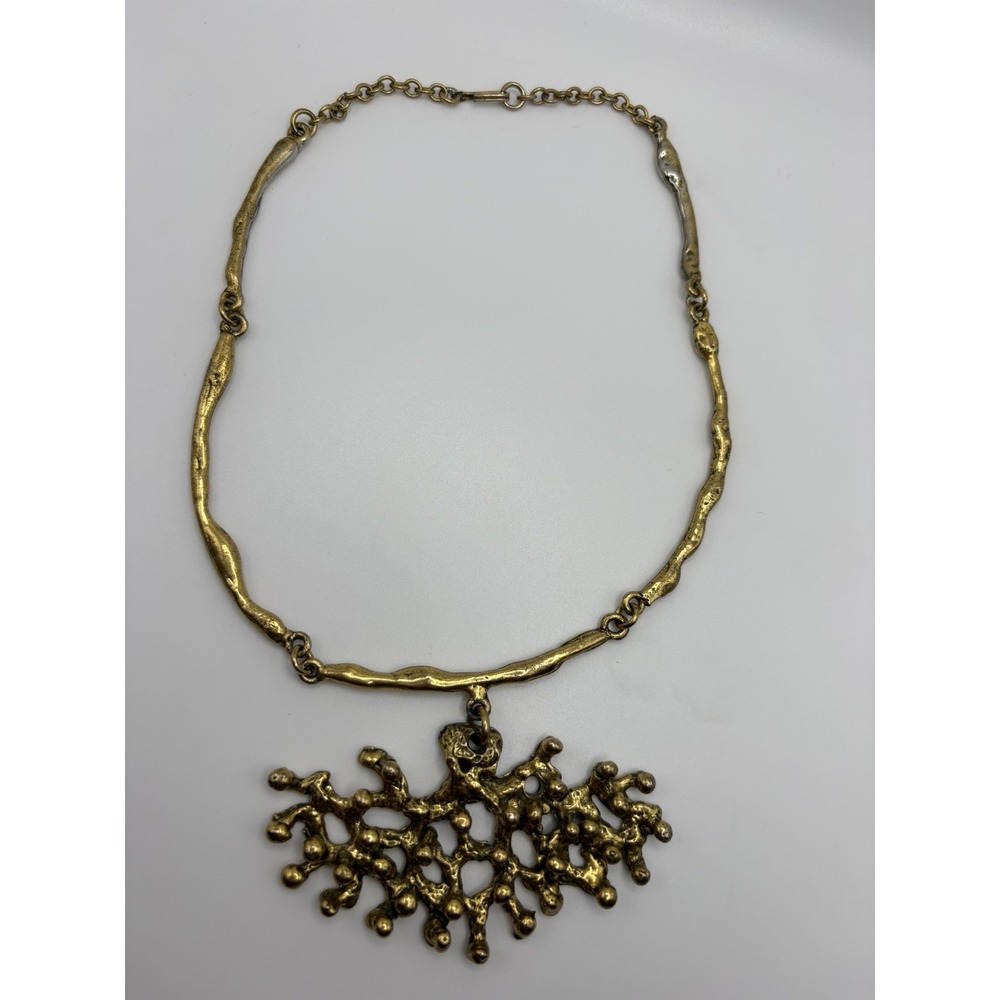 Vintage GSM Signed Brutalist Pendant Necklace Gold Tone Coral Branch Collar MCM